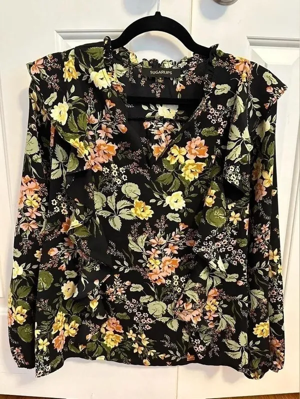Sugarlips Night Bloom Wilhem Ruffle Blouse - Black Multi - Image 4