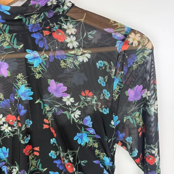 Alice + Olivia Delora Floral Black Mesh Ruched Turtleneck Dress Size 4 Romantic‎ - Image 3