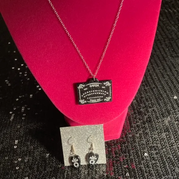 Sterling Silver Spooky Season Ouija Board Necklace 925 Planchette Earrings emo - Image 8