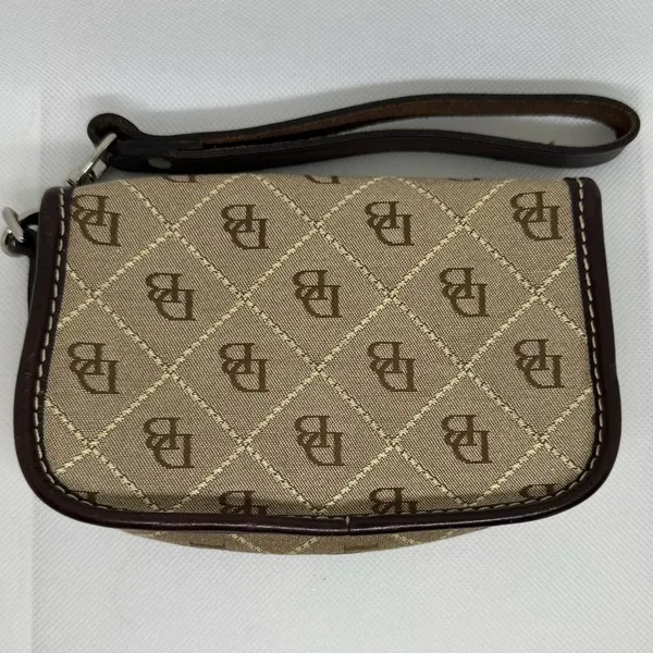 Dooney & Bourke Signature Logo Wristlet Wallet Brown Leather Canvas Flap - Image 2