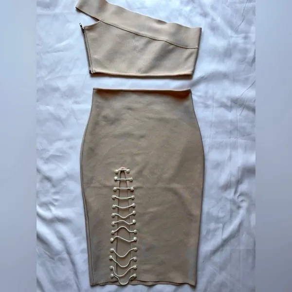 Boutique Blush Pink Ribbed Pearl Co Ord Set Large - Image 15