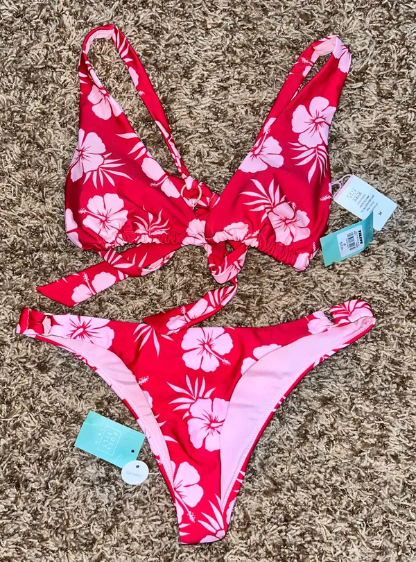 Full Tilt Tropical Bikini Swimsuit Pink Red Size Small Bottoms Medium Top - Image 5
