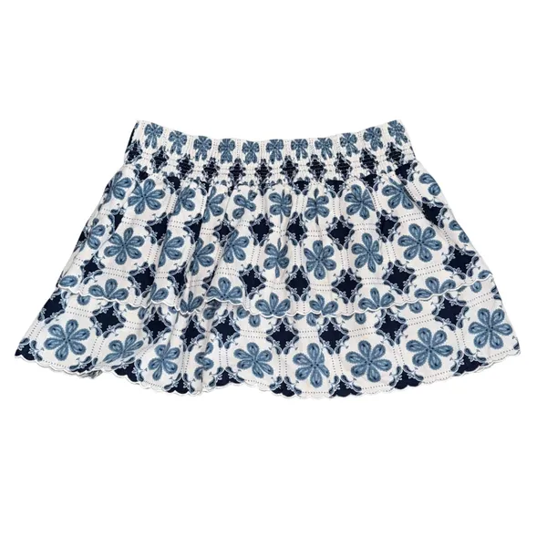 Agua Bendita Mini Skirt Womens L Blue White Floral Eyelet Tiered Smocked Skirt - Image 4