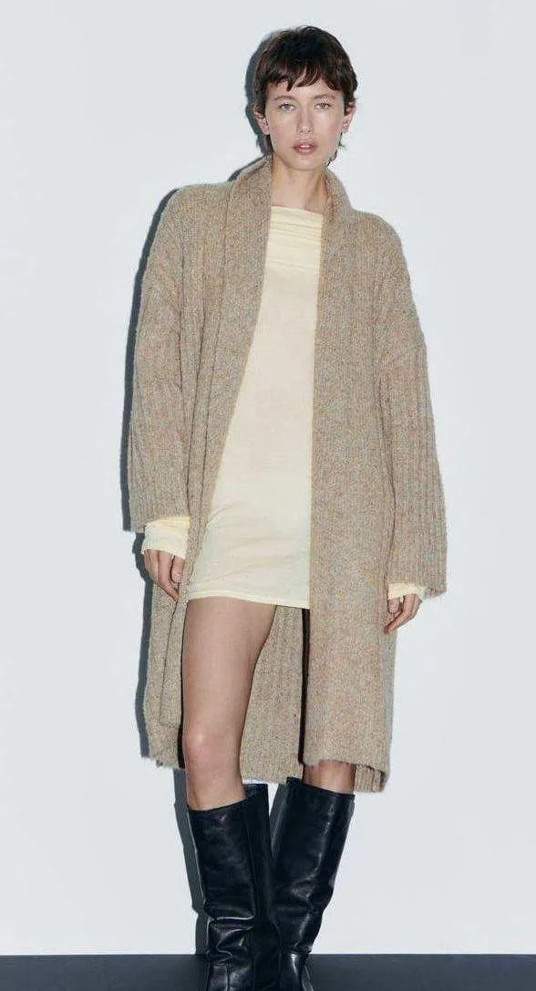 ZARA Tan Ribbed Knit Long Coat Cardigan Jacket - Image 10