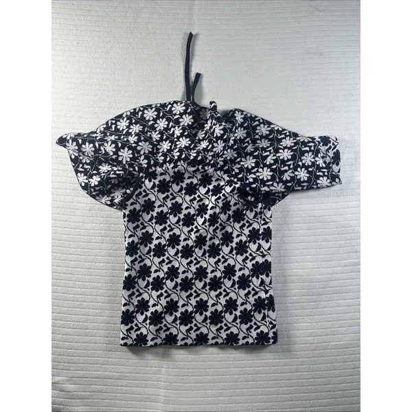 Club Monaco Rowlen Floral Off-Shoulder Top Womens Size XS Navy Blue White Knit - Image 8
