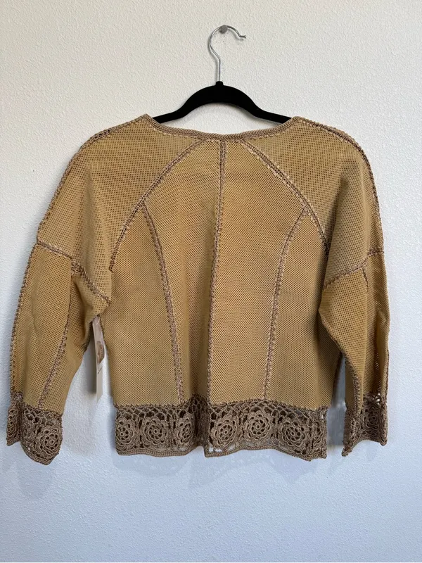 SMH Boutique Tan Perforated Leather Crochet Flower Jacket Boho Western NWT Small - Image 5