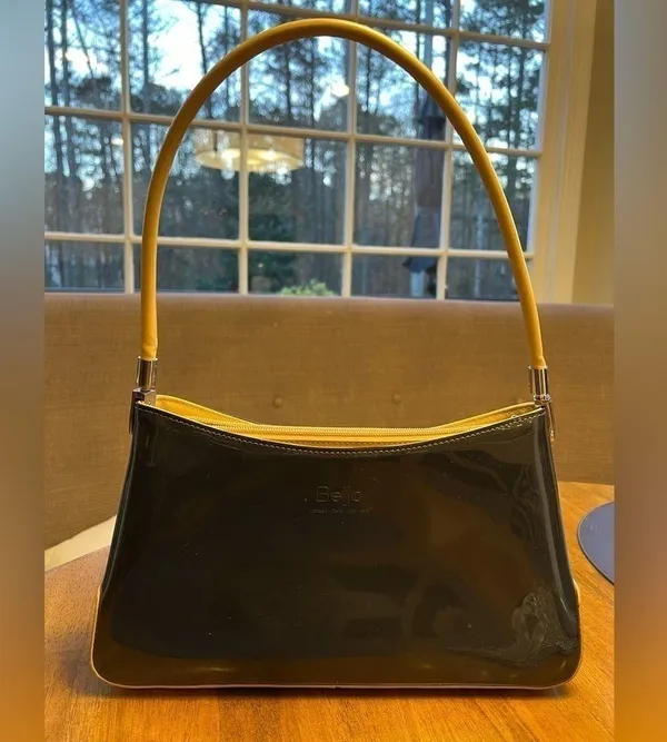 Beijo metallic patent pewter and tan trimmed handbag, EUC, clean interior - Image 15