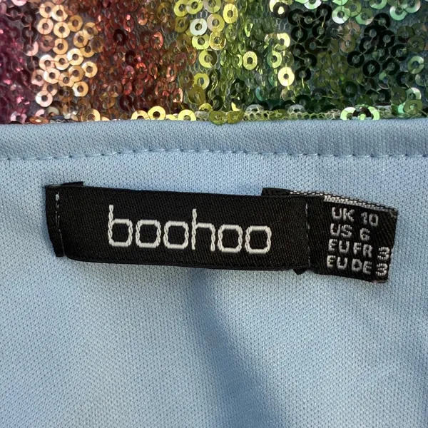 Boohoo Rainbow Sequin Wrap Mini Dress Multi Color Festival Party Sparkly Size 6 - Image 5