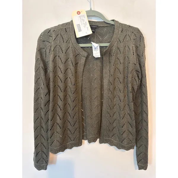 Ann Taylor Green Gold Metallic Cable Knit Sweater Small Shimmer Jacket Size S - Image 3