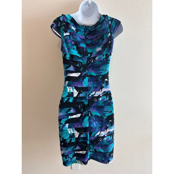 Adrianna Papell‎ Sheath Dress 6 Teal Purple Abstract Shutter Pleat Cocktail - Image 2