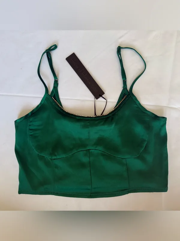 House of Harlow 1960 Emerald Green Satin Rhinestone Trim Crop Top Size Medium - Image 8