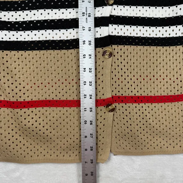 Tan‎ Striped Pointelle Knit Button Up Short Sleeve Polo Shirt Collared Sweater M - Image 3