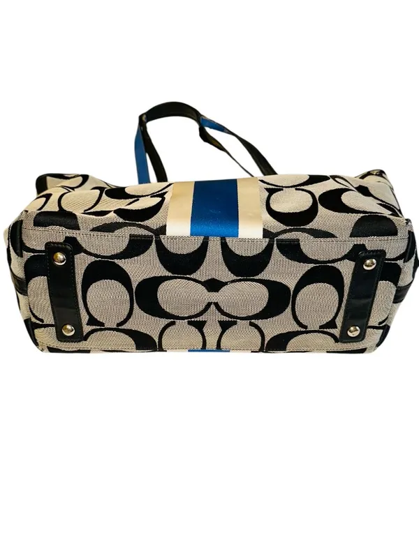 Coach Black/Gray/Blue Signature Stripe Hampton Weekend Stripe Tote - Image 8