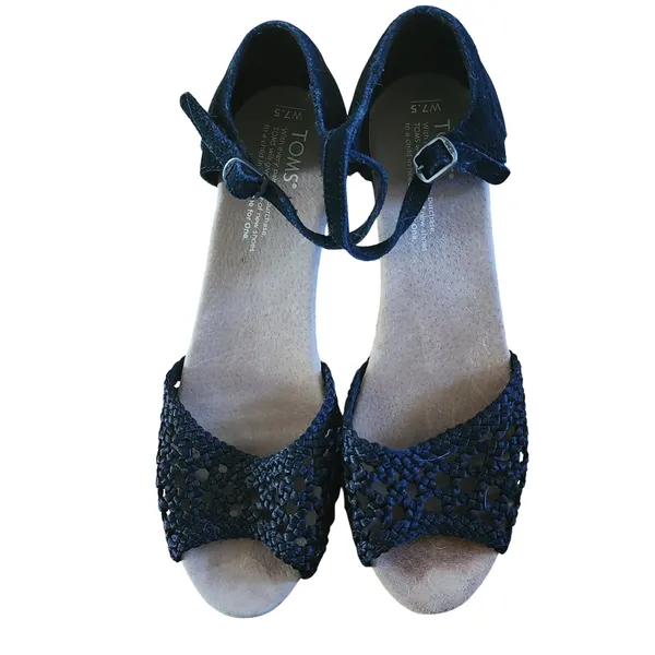 TOMS Womens Black Suede Woven Peep Toe Cork Wedge Ankle Strap Sandals‎ - Image 3