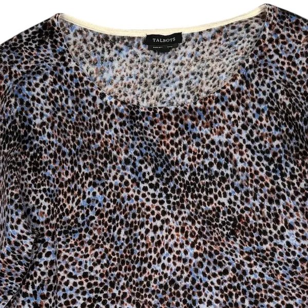 Talbots Sweater‎ Womens Medium Blue Brown Leopard Merino Wool Crew Neck Pullover - Image 2
