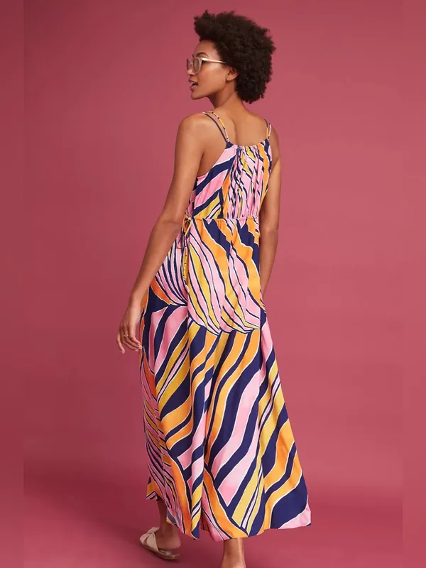 Anthropologie Maeve Jumpsuit Womens 6 Pink Orange Abstract Wide Leg‎ Strappy - Image 2