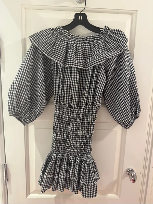 Black & White Gingham Ruffle Off-Shoulder Dress - Image 2