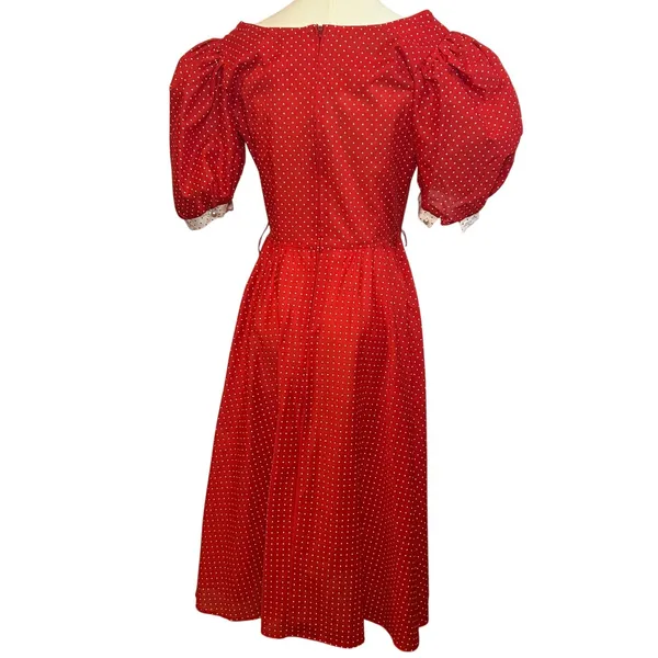 S.L. Fashions VTG 80s Polka Dot Puff Sleeve Midi Dress Red Size 9 - Image 2