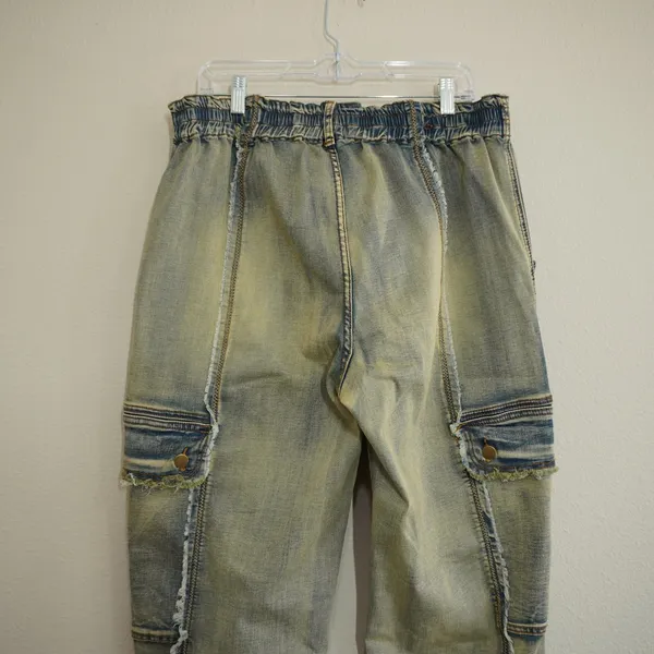 Oli‎ & Hali Yellow Wash Distressed Cargo Jeans XL Fringed Raw Edge Utility Pants - Image 8