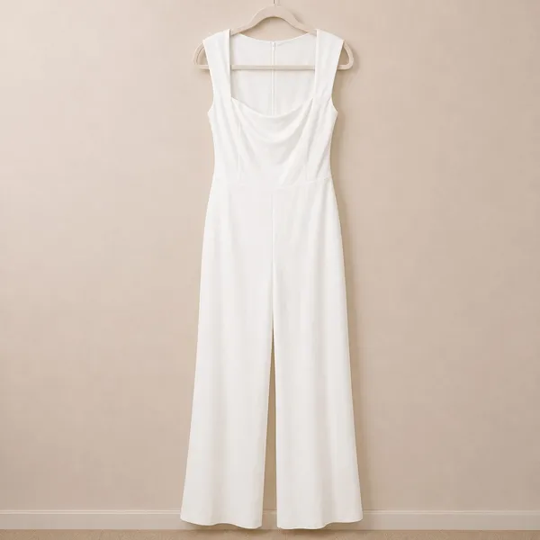 Lulus NWOT Enticing Endeavors White Stretchy Knit Wide Cut Pant Jumpsuit Large - Image 5