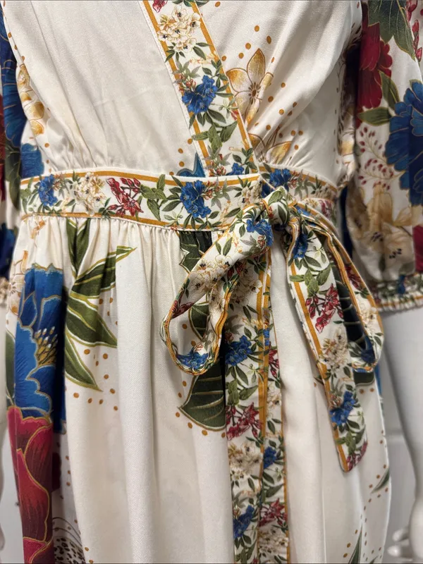 Farm Rio Floral Wrap Midi Dress in Cream with Blue & Red Blooms Size Small - Image 4
