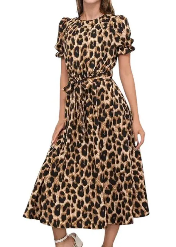 Leopard Lace-up Round Neck Puff A-line Dress - Image 4