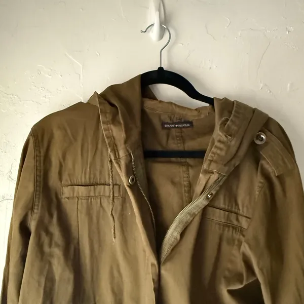 Brandy Melville Womens Olive Green Utility Jacket Hooded Cropped‎ Military Coat - Image 2