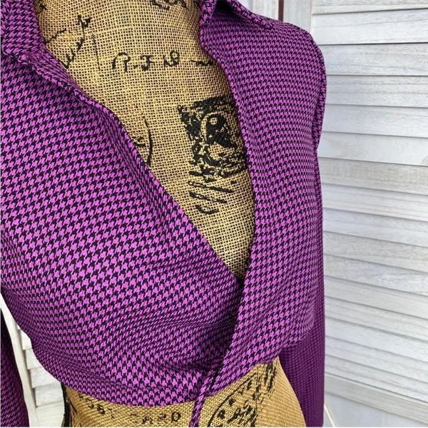 Zara Houndstooth Cropped Polo Top Purple Black‎ Small Long Sleeve Deep V-neck - Image 7