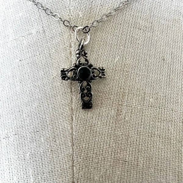 Silver tone and black dainty cross necklace - Image 2