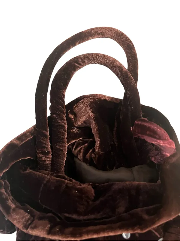 Rich Brown Velvet Drawstring Bucket Bag Ornate Tonal Paisley Rhinestones - Image 11