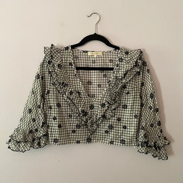 LoveShackFancy Blake Cropped Floral Ruffle Blouse Black White Women's size Large - Image 2