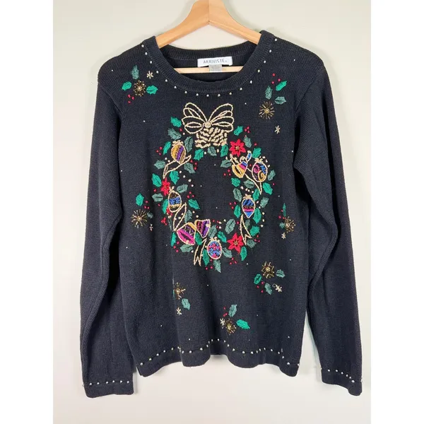Arriviste Womens Black Embroidered Wreath Beaded Ugly Christmas‎ Sweater Small - Image 2