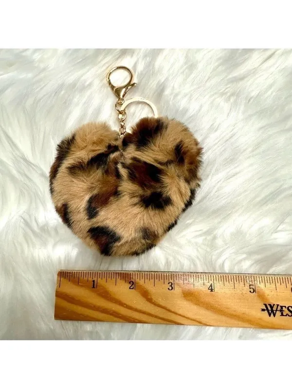 Leopard Print Faux Fur Heart Bag Charm Keychain New - Image 3