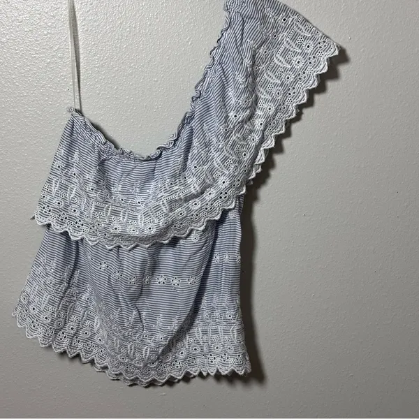 American Eagle Women Blue Embroidered‎ Ruffle One Shoulder Top Blouse XS - Image 7