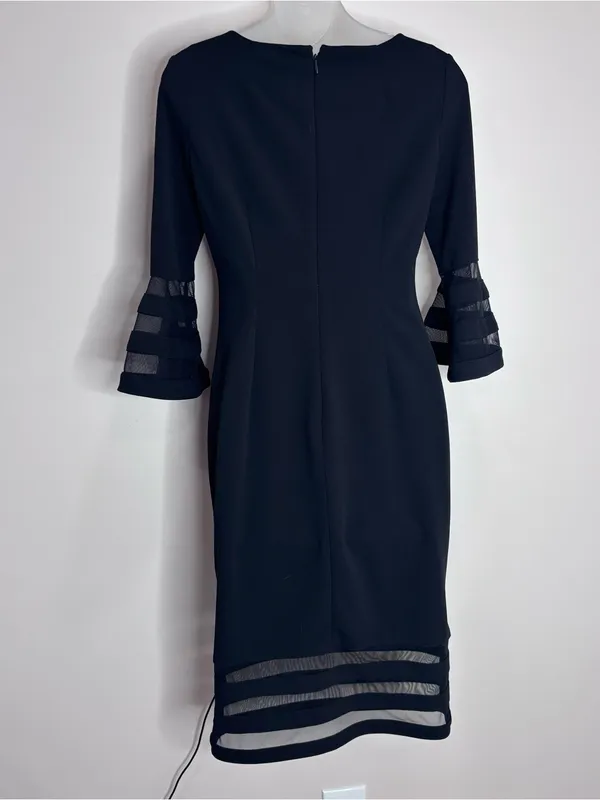 Calvin Klein Black Midi Sheath Dress Tiered Mesh Sleeves size 2 Classic - Image 3