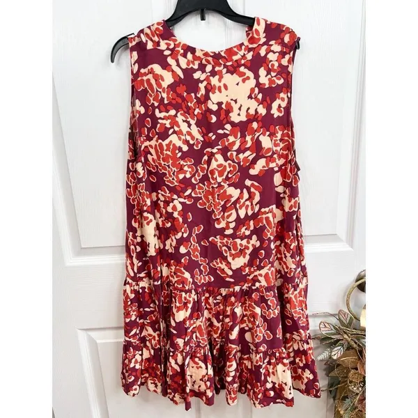 NINE WEST Babydoll Dress Size L Abstract Tiered Ruffle Hem Boho Purple Cream - Image 2