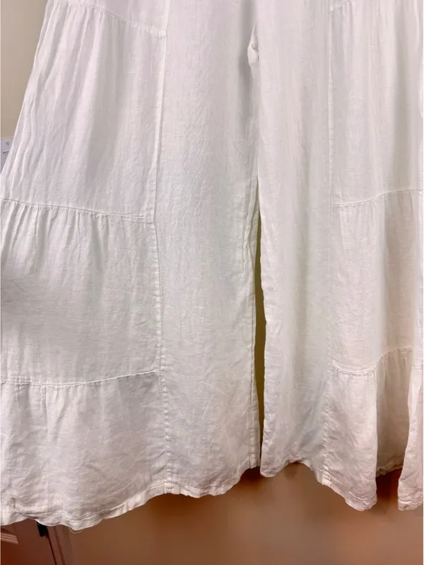 White Linen Tiered Wide Leg Palazzo Pants Foldover Waist Boho Coastal Resort - Image 5