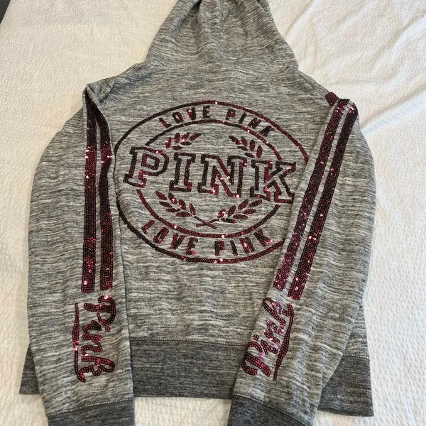 PINK vintage Bling vs gray zip up jacket with red sequins M women - Image 4