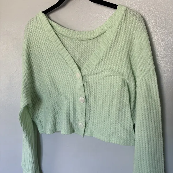 Shein Mint Green Waffle Knit Cropped Button Cardigan Sweater 1XL - Image 5
