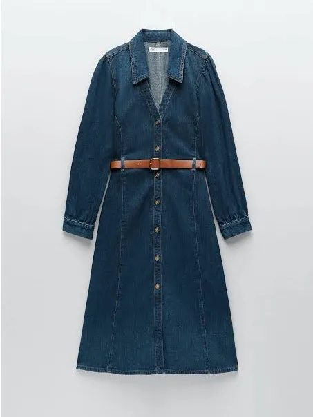 Zara Dark wester Blue Denim Midi Shirt Dress with Brown Belt - Image 2