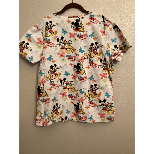 Disney Mickey & Pluto "My Best Friend" Butterfly V-neck Nurse Scrub Top M - Image 7