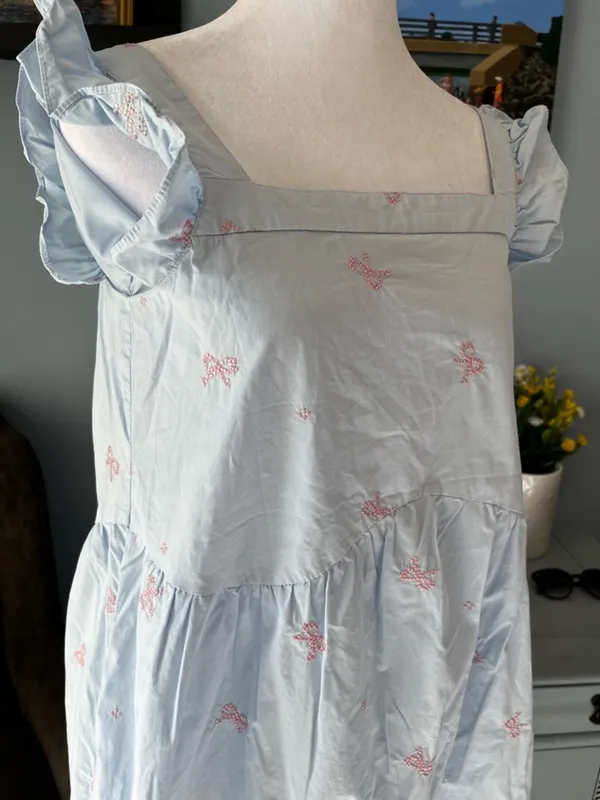 Light Blue Women’s Ruffle-Sleeve Dress with Pink Bow Embroidery Cotton Summer M - Image 4