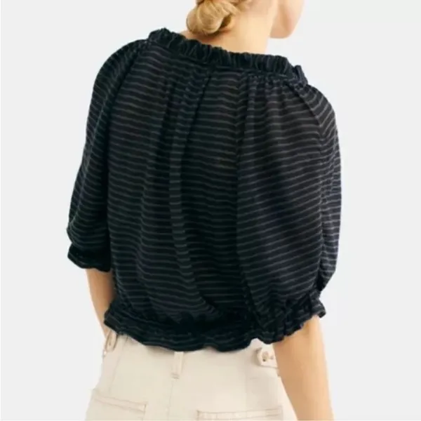 Free People Dorothy Cropped Top Peasant Style Black Blue Navy Stripe Size XS - Image 5