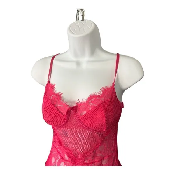 Pink Floral Lace Scalloped Sheer Lingerie Teddy Bodysuit Size S - Image 4