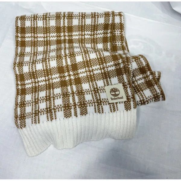 Timberland‎ Plaid Knit Scarf Brown White OS Acrylic Winter Cold Weather T101808 - Image 2