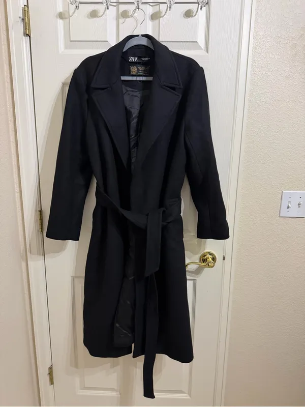 Zara Manteco Wool Wrap Black Long Length Coat - Image 8