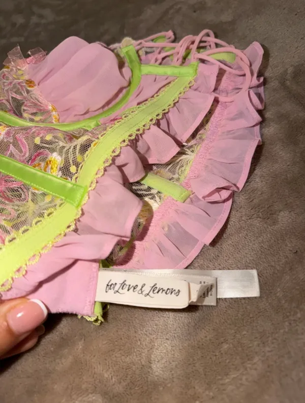 Exclusive For Love & Lemons & Victoria's Secret. Pink bra with yellow & orange floral embroidery and green trim #lingerie #floral - Image 5