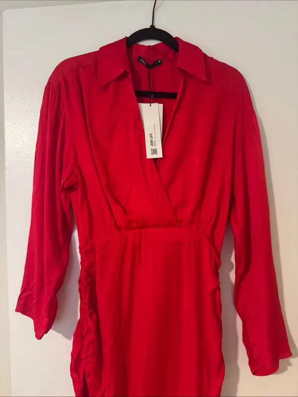 Zara Women’s Bright Red Long Sleeve Wrap-Style Mini Dress with Ruched Drawstring - Image 7