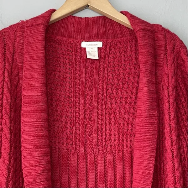 Sundance Cardigan Women Size Medium Red Longline Crochet Knit Open Front Sweater - Image 3