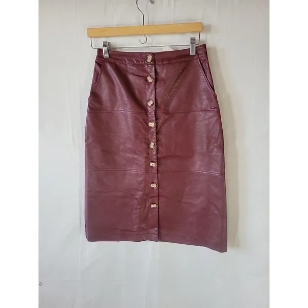 Bohme Faux Leather Skirt Women's Size S Burgundy Button Front Knee Length NWT - Image 4